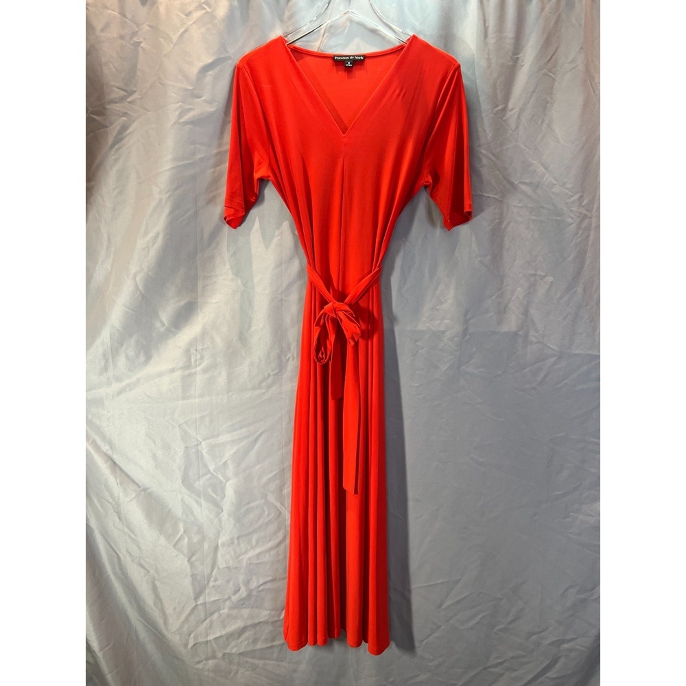 Preston & York Maxi Dress Womens M Orange Stretch Belted Waist V Neck Minimalist